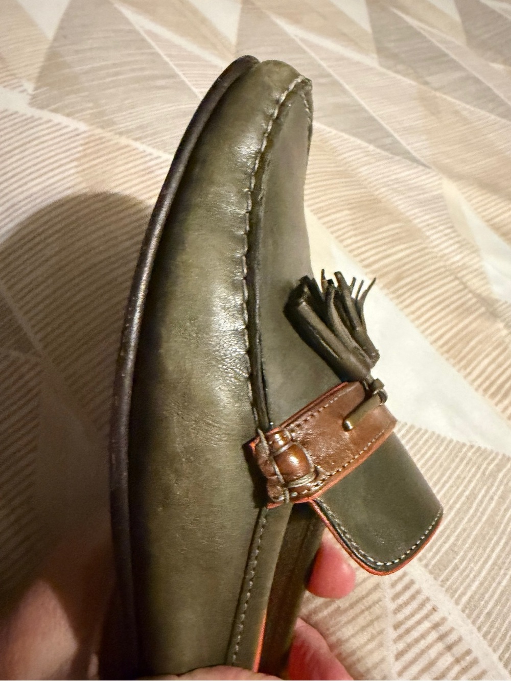 Cole Haan Olive Green Leather Tassel Backless Loafers with Brown/Orange Trim - Picture 5 of 8